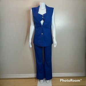 Royal blue three-piece-set vest bandeau top and straight leg pants